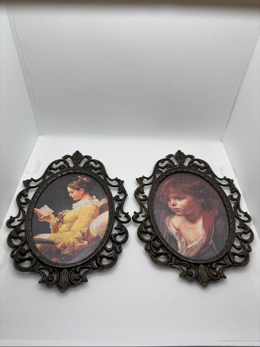 Paire of Charming Vintage Prints Under Glass in Ornate Metal Italian Oval Frame